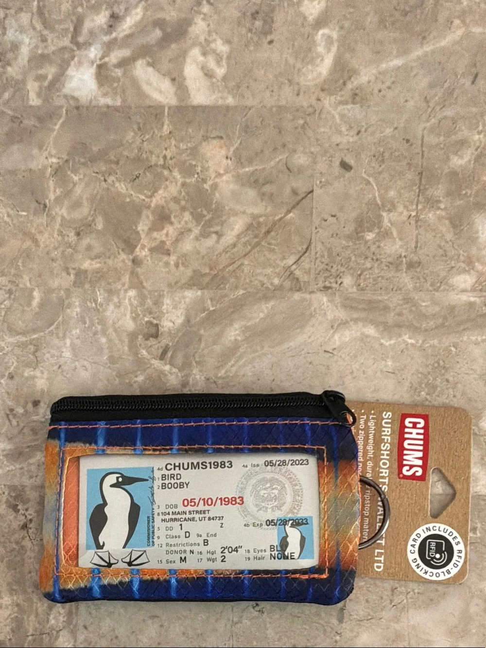 CHUMS Blue Orange Surfshorts Wallet with ID Window